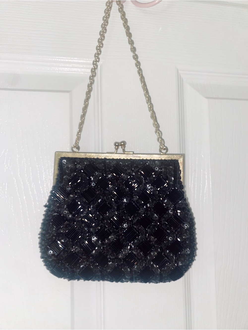 Vintage Black Beaded Evening Clutch with Gold Frame